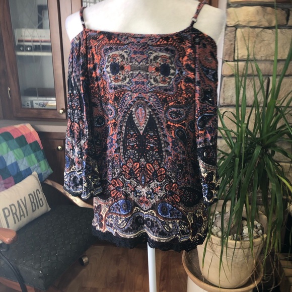 ANGIE SIZE LARGE MULTICOLORED COLD SHOULDER BOHO STYLE BLOUSE PAISLEY PATTERN - Picture 4 of 4